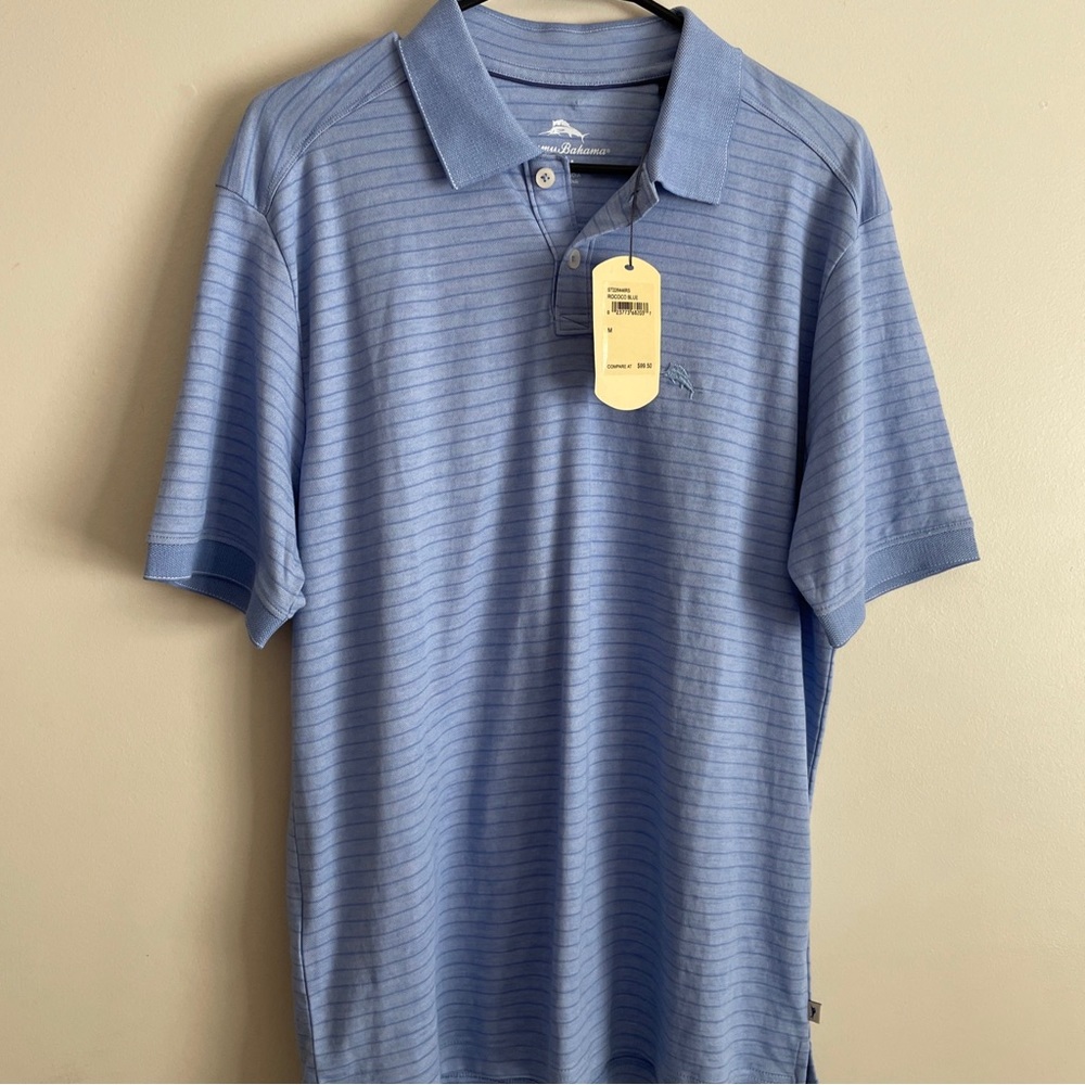 NEW TOMMY BAHAMA MENS SIZE MEDIUM ROCOCO OCEAN BLUE STRIPED POLO, MSRP $99.50!